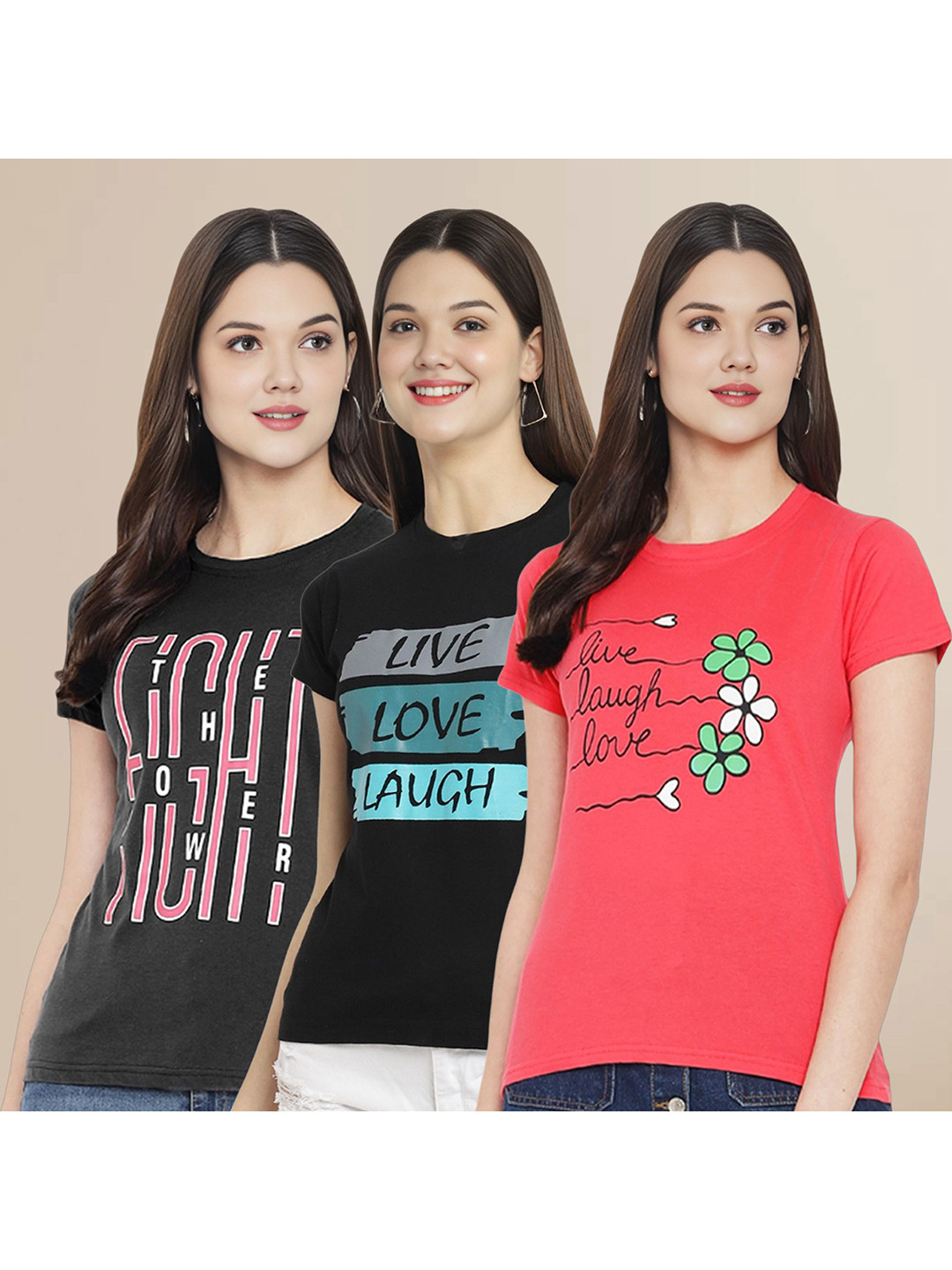 

Metronaut Women Pack Of 3 Typography Printed Round Neck Cotton T-shirts, Black