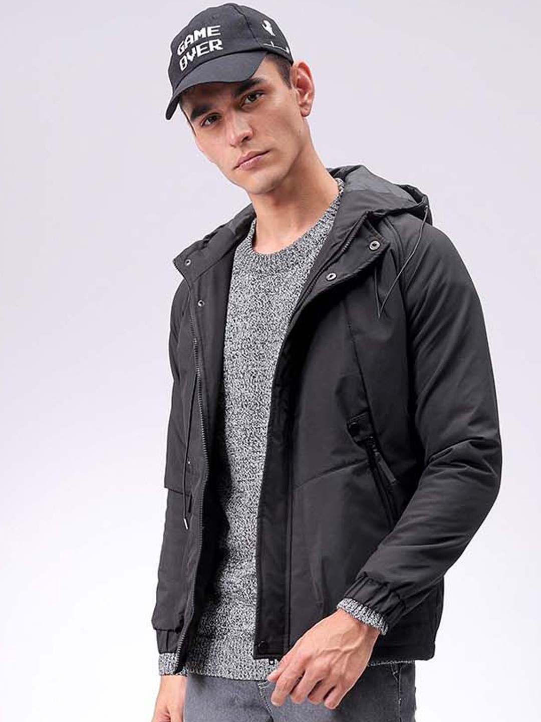 

The Indian Garage Co Men Hooded Solid Puffer Utility Jacket, Black