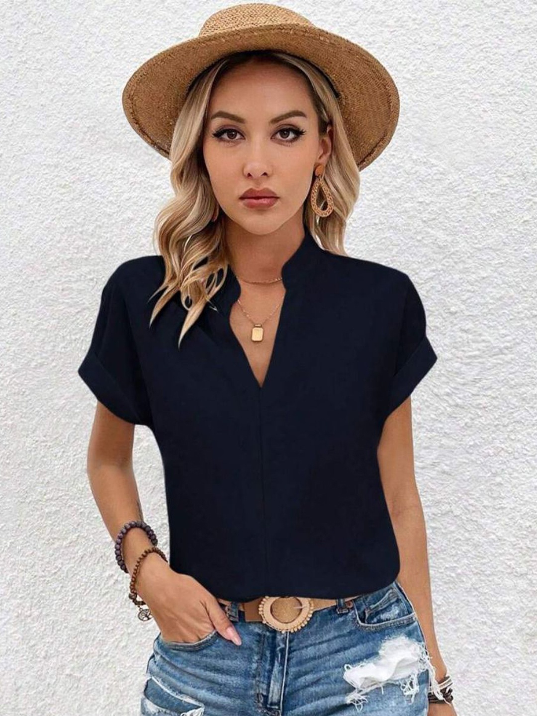 

BAESD Women's Black Rayon Solid Straight Western Top