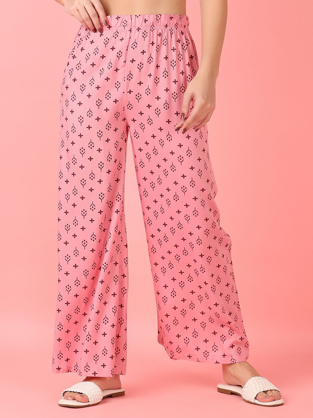 

V-Mart Women Ethnic Motifs Printed Knitted Ethnic Wide Leg Palazzos, Pink