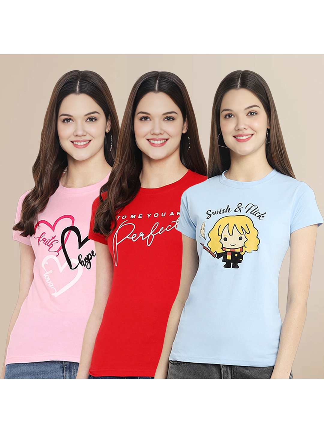 

Metronaut Women Pack Of 3 Typography Printed Round Neck Cotton T-shirts, Pink
