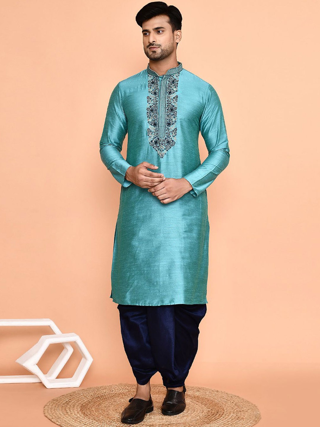 

Arihant Rai Sinha Floral Embroidered Mandarin Collar Regular Straight Kurta &Dhoti Pant, Blue