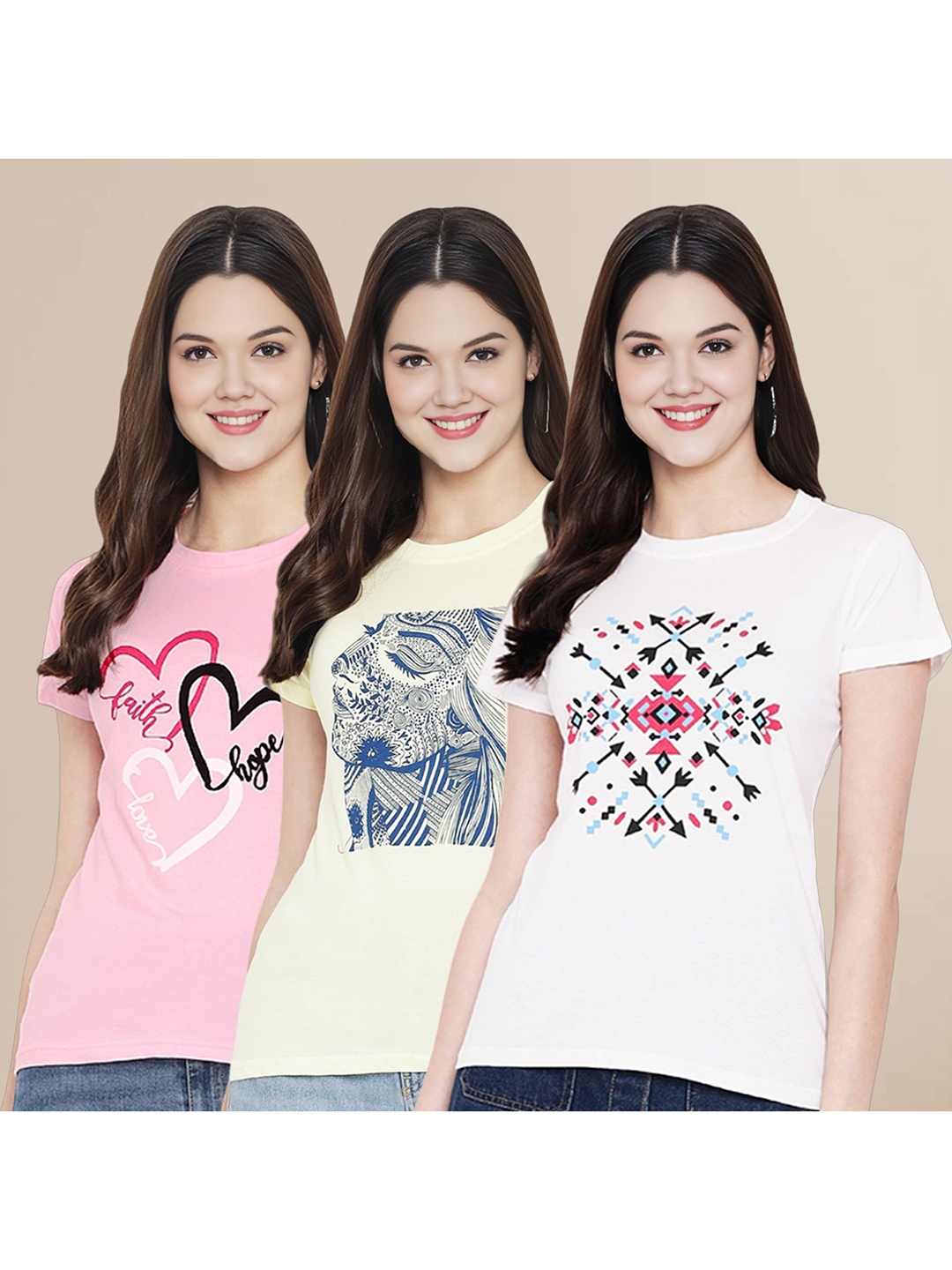 

Metronaut Women Pack Of 3 Typography Printed Round Neck Cotton T-shirts, Pink