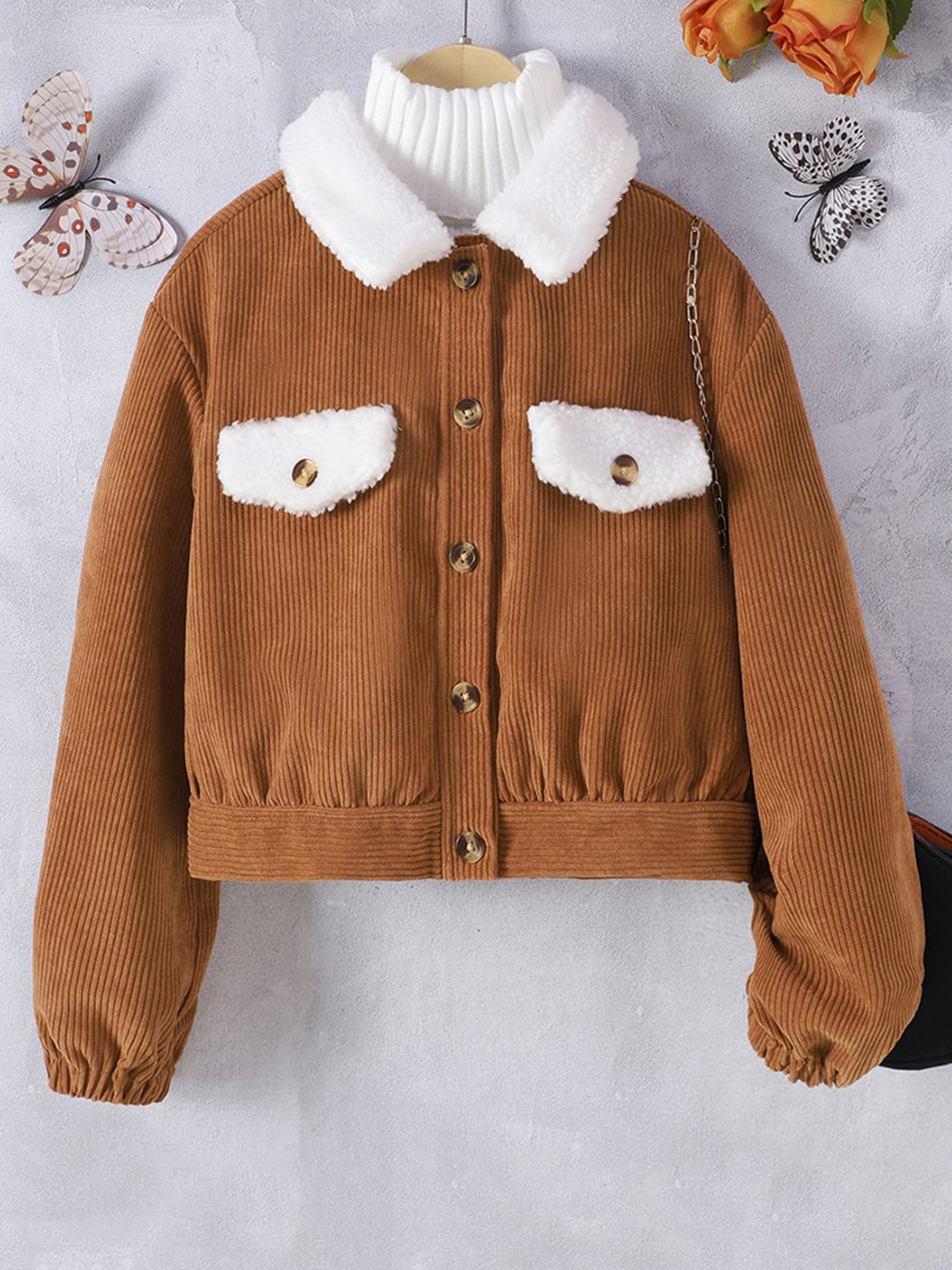 

INCLUD Girls Spread Collar Self Design Casual Parka Jacket, Brown