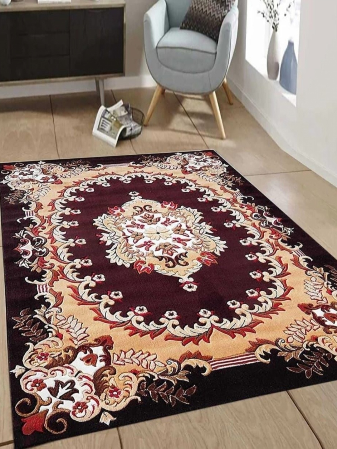 

Samjeeda Handloom carpets Coffee Brown & White Floral Printed Anti-Skid Carpet