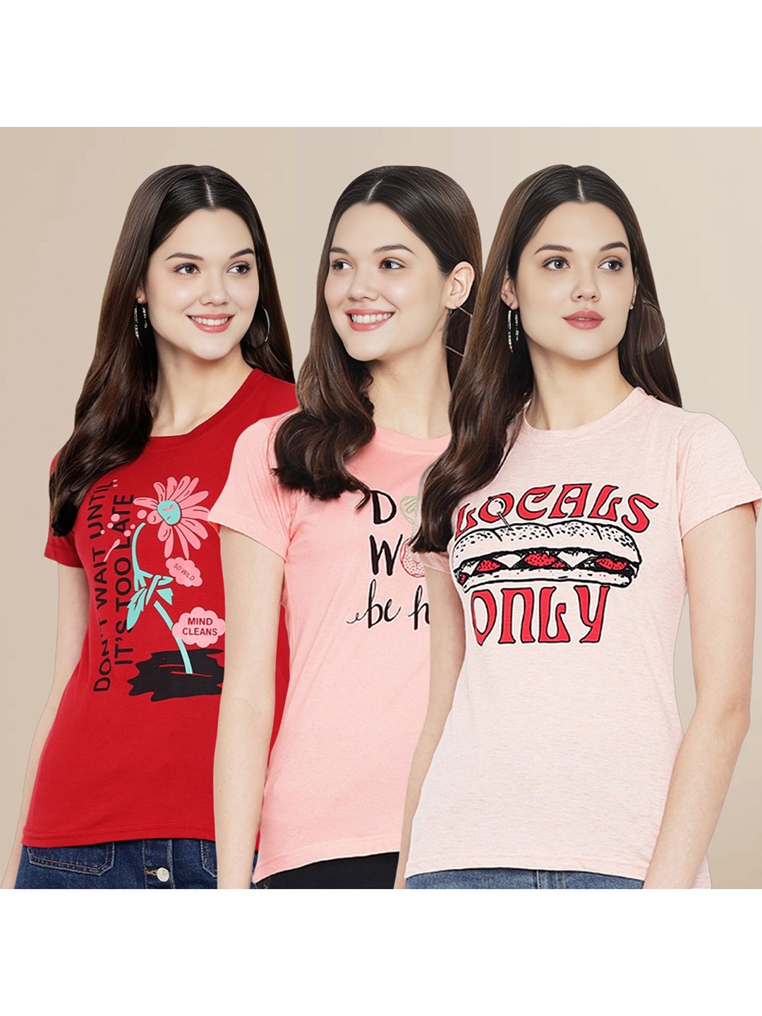 

Metronaut Women Pack Of 3 Typography Printed Round Neck Cotton T-shirts, Red