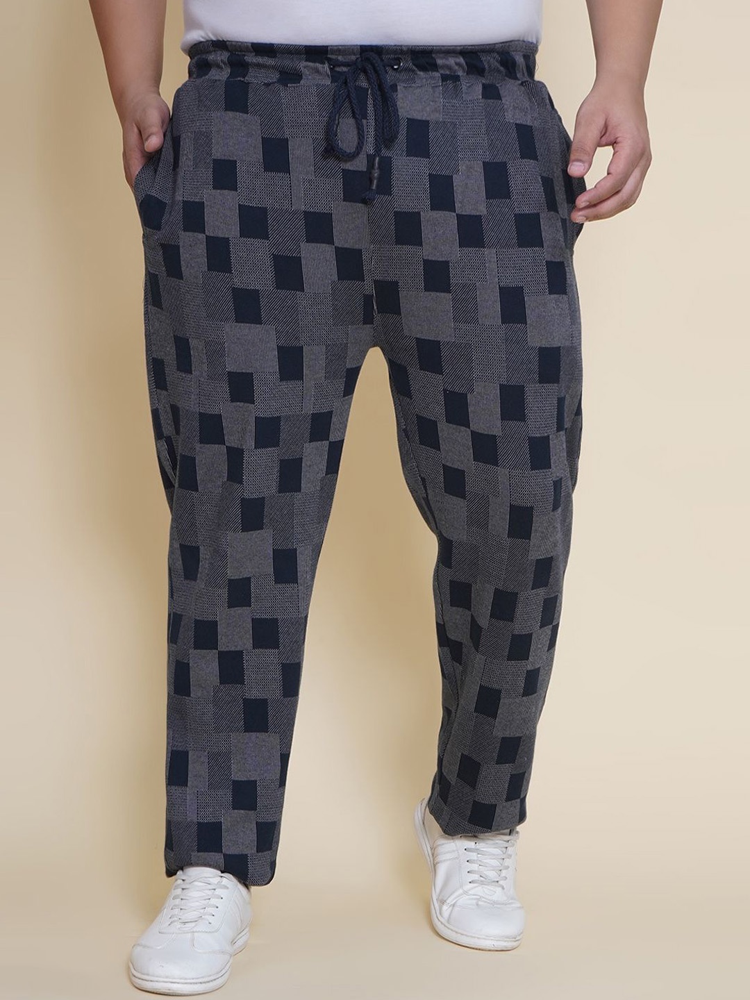 

John Pride Men Plus Size Checked Mid Rise Track Pant, Navy blue