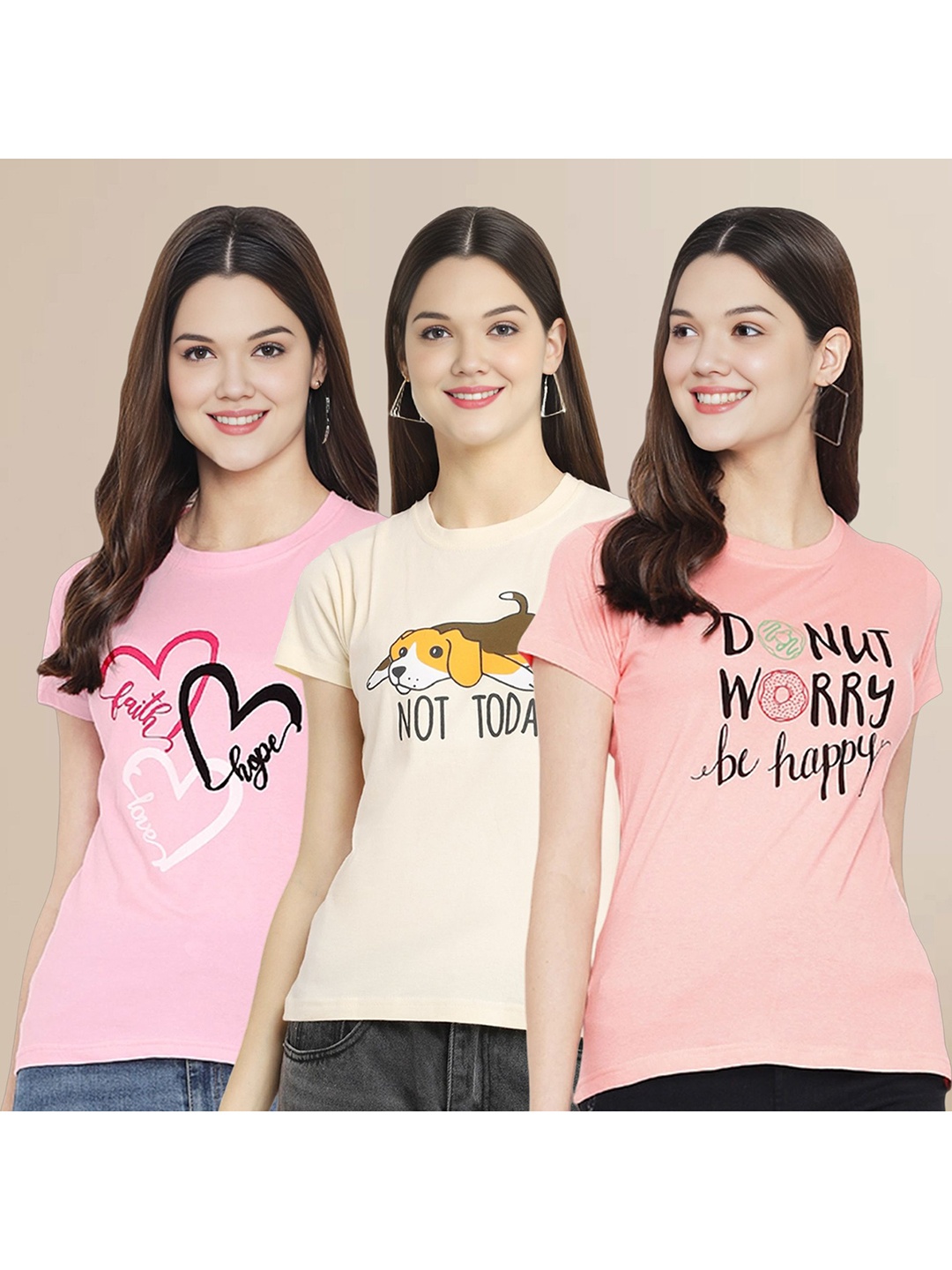 

Metronaut Women Pack Of 3 Typography Printed Round Neck Cotton T-shirts, Pink