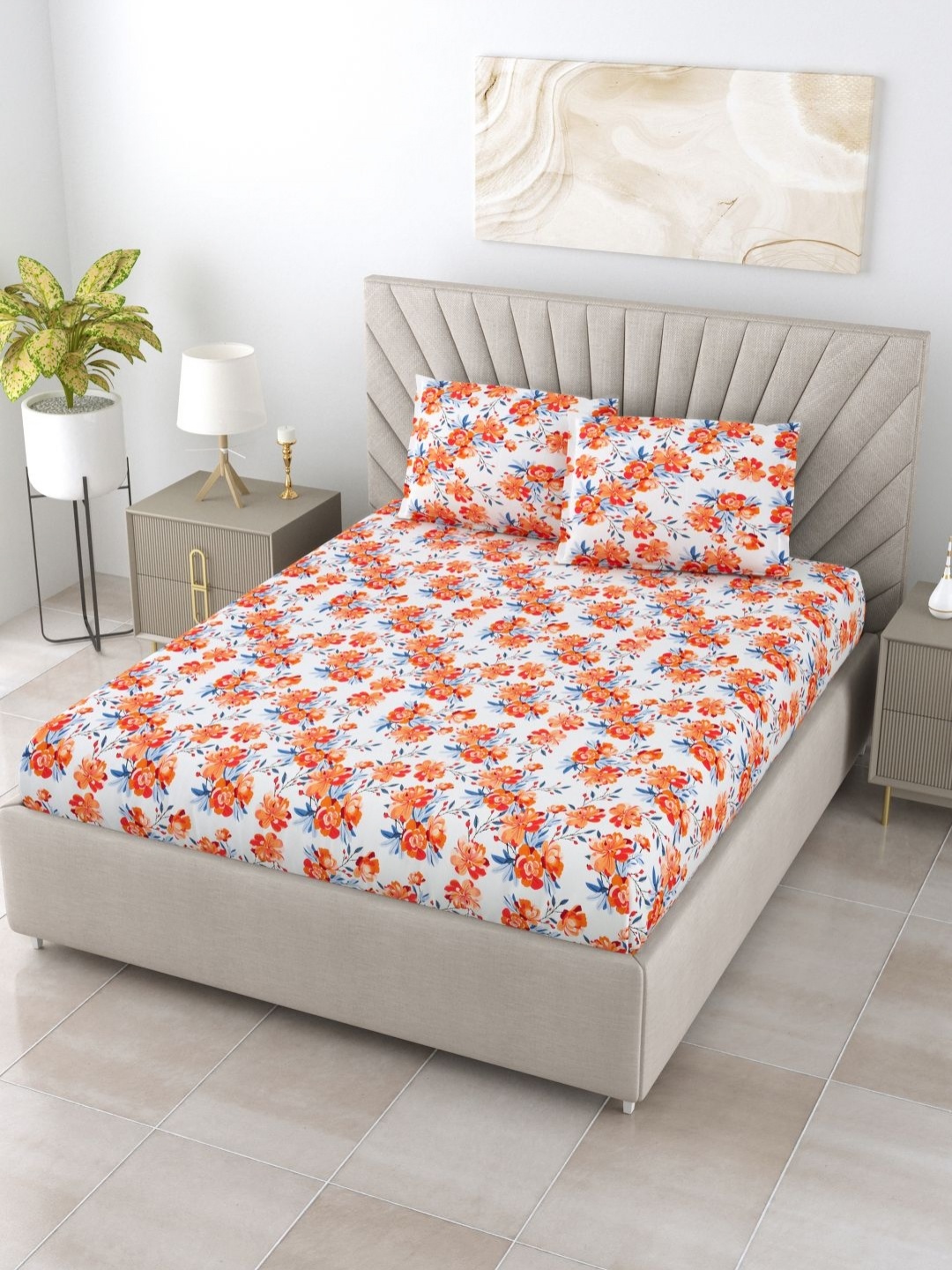 

BOMBAY DYEING Florentine Orange Floral Cotton 144 TC King Bedsheet Set 2.74 m x 2.74 m