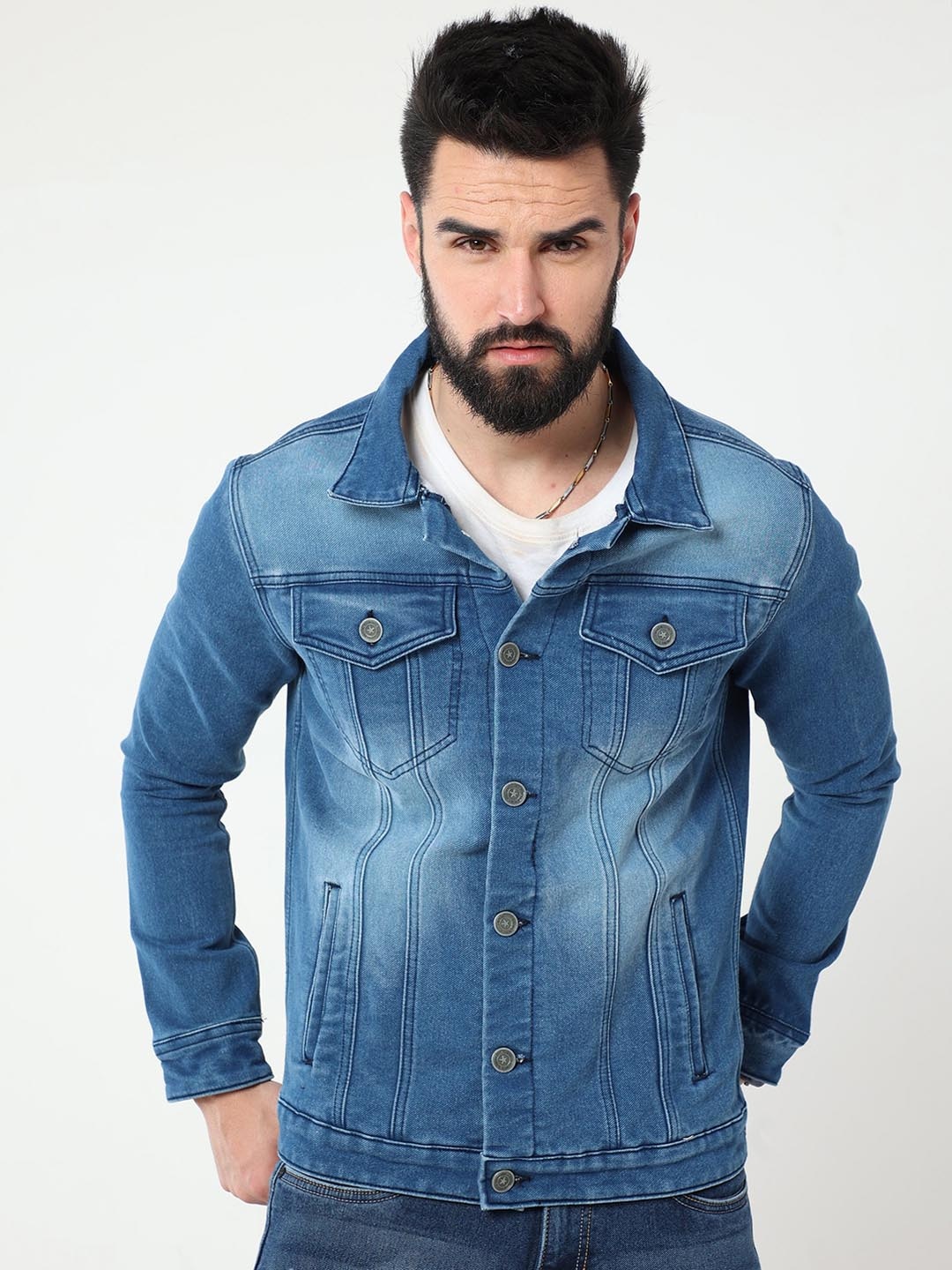 

Reslag Men Spread Collar Solid Denim Casual Denim Jacket, Blue