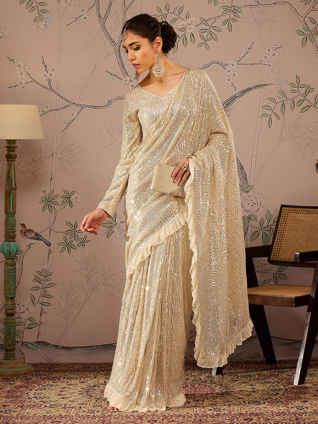 

Shae by SASSAFRAS Embellished Sequinned Ready to Wear Saree, Beige