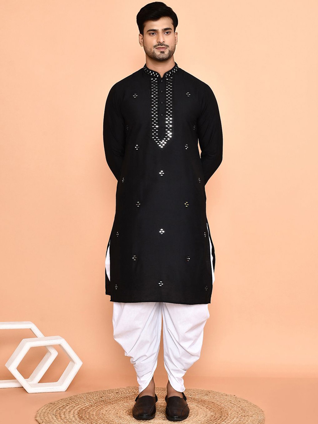 

Arihant Rai Sinha Mandarin Collar Long Sleeves Regular Mirror Work Kurta With Patiala, Black