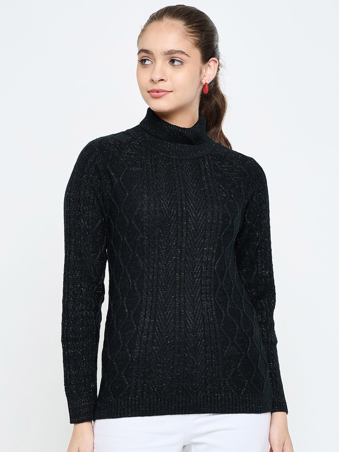 

CREATIVE LINE Women Woollen Self Desgin Knitted Top, Black