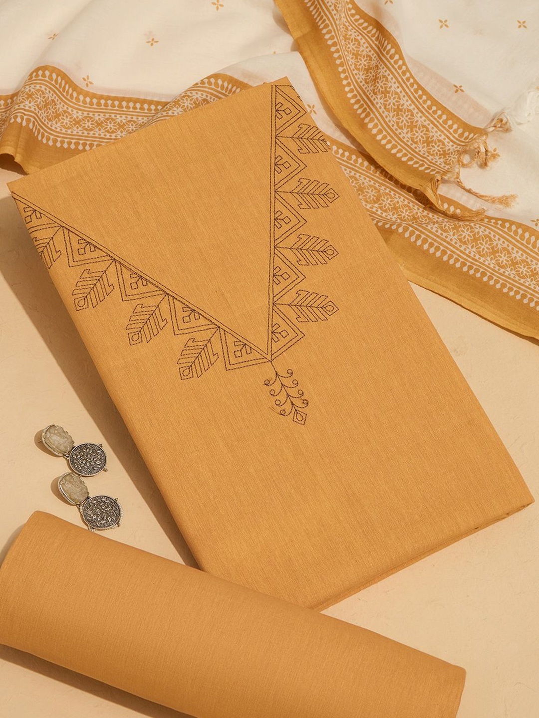 

Taneira Geometric Embroidered Pure Cotton Unstitched Dress Material, Yellow