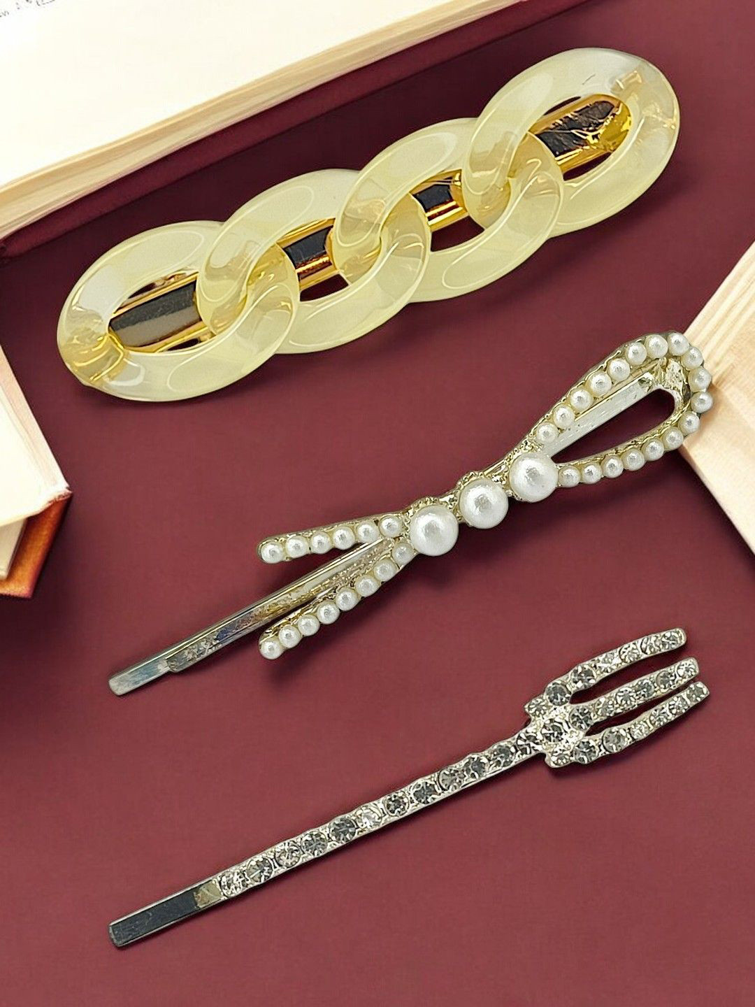 

9blings Women Set of 3 Embellished Metal Hair Accessory Set, Silver