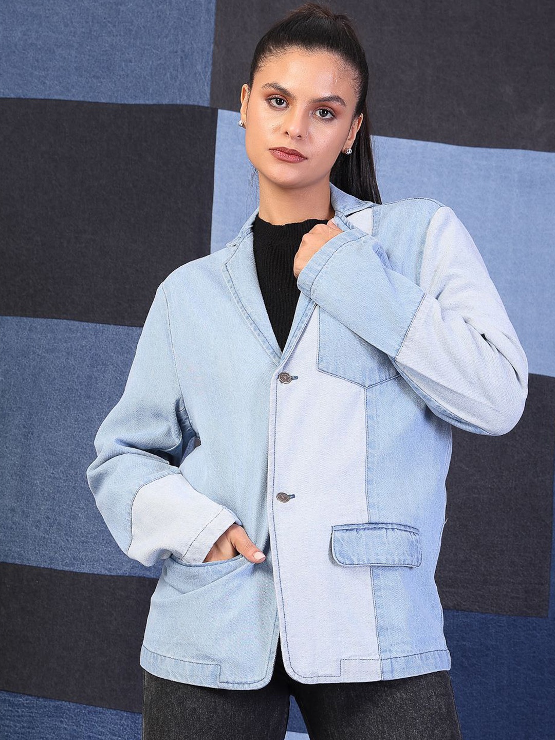 

VESTIDO MODAS Lapel Collar Pure Cotton Oversized Denim Jacket, Blue