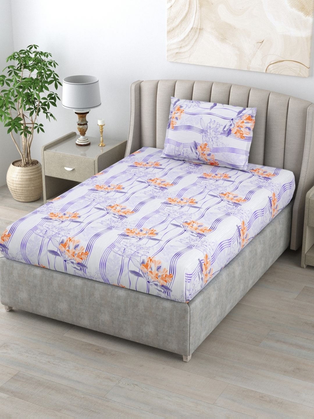 

BOMBAY DYEING Epigram Purple & Orange Floral Cotton 144 TC Single Bedsheet Set