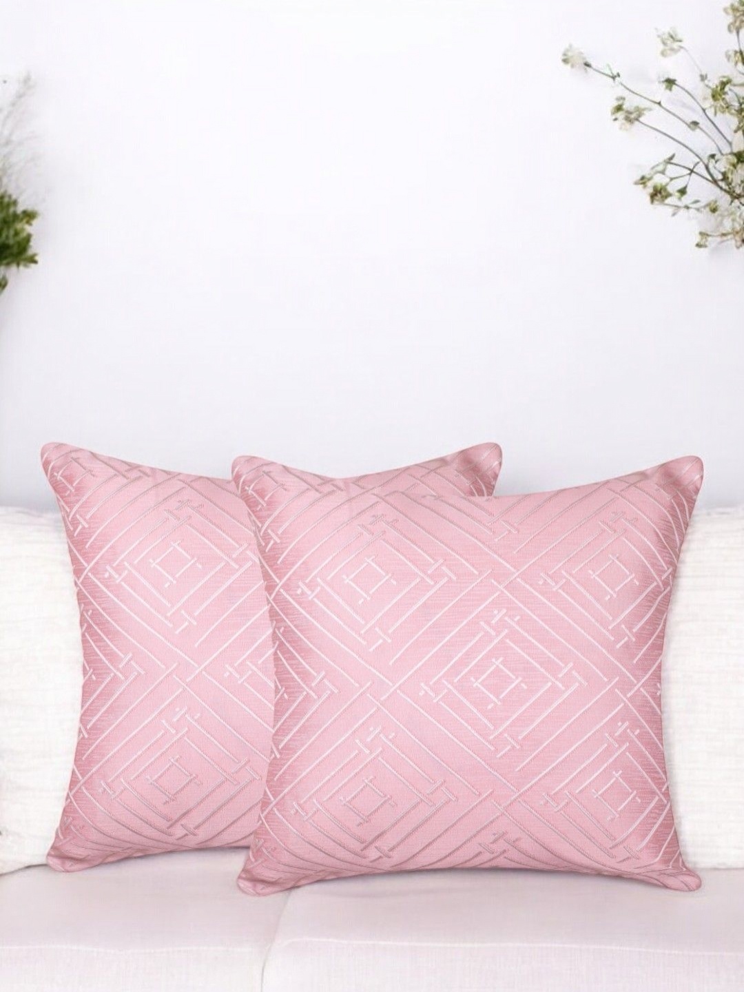 

Vendola Pink & White 2 Pieces Geometric Printed Jacquard Square Cushion Covers