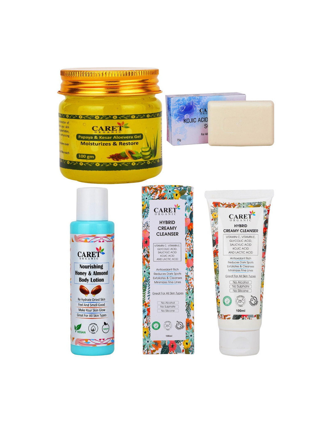 

CARET ORGANIC Set of 4 Kojic Soap-75 g, Aloevera Gel-100g , Body Lotion& Face Wash- 100ml, White