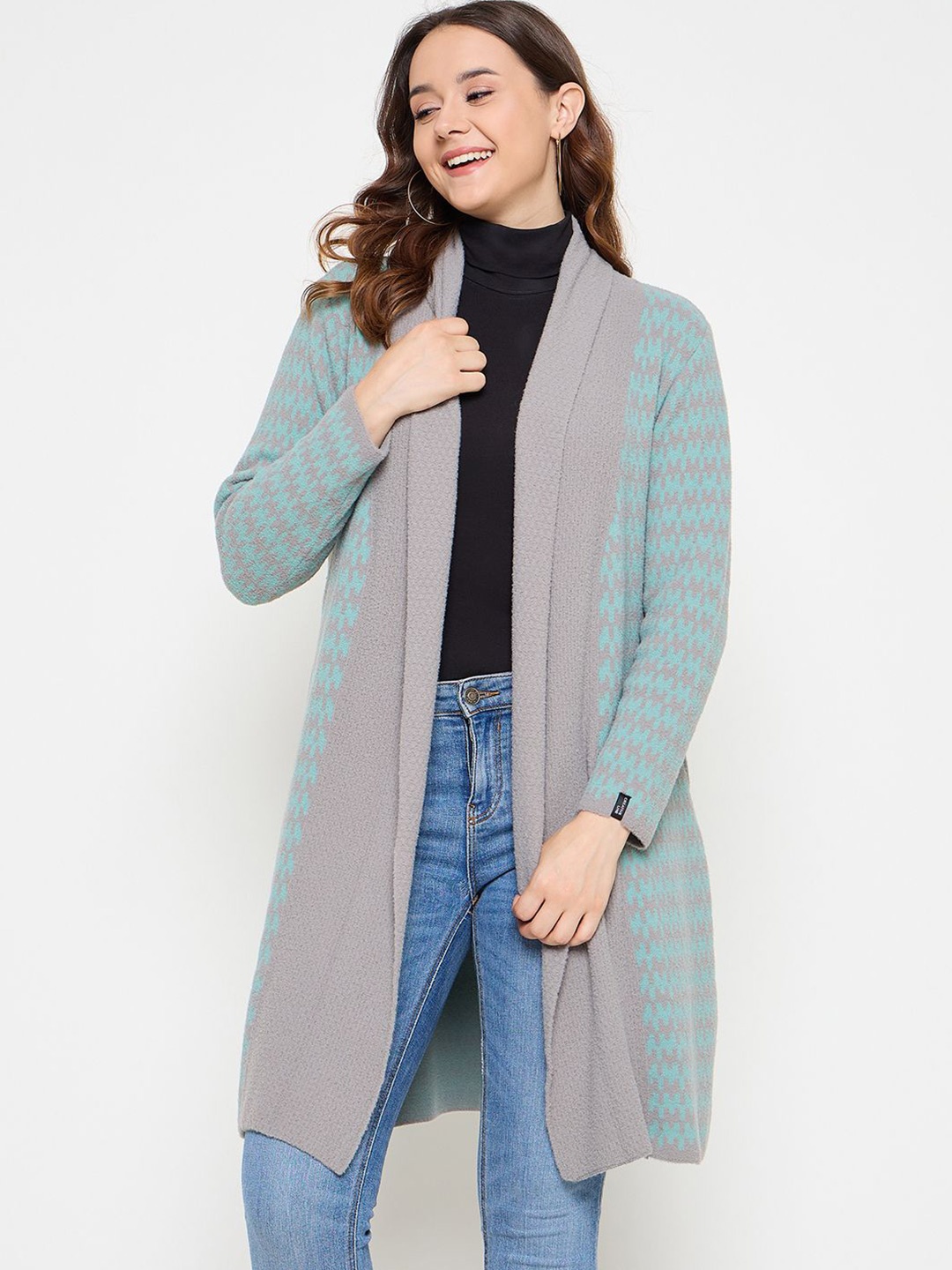 

CREATIVE LINE Geometric Self Design Shawl Collar Longline Woollen Open Front Shrug, Grey