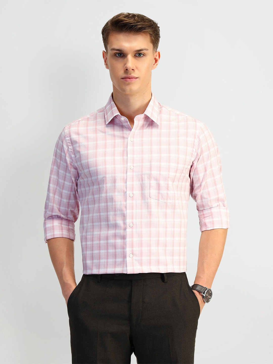 Arrow Men Manhattan Spread Collar Checked Cotton Slim Fit Formal Shirt, Pink
