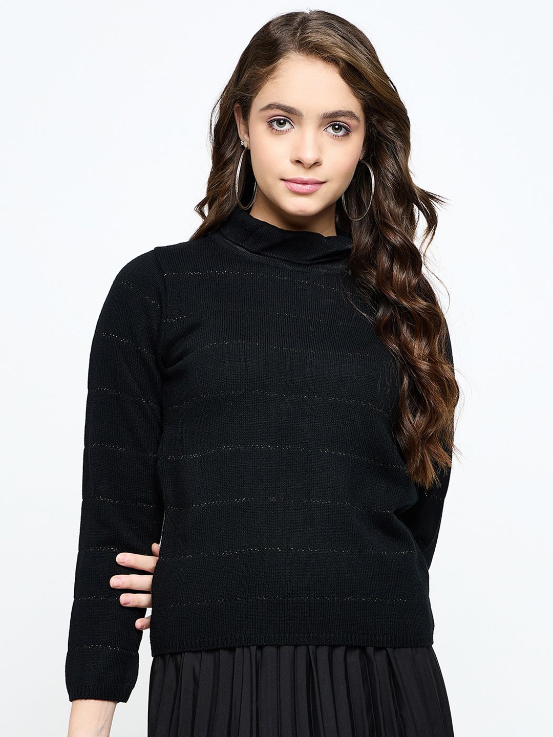 

CREATIVE LINE Women Woollen Self Desgin Knitted Top, Black