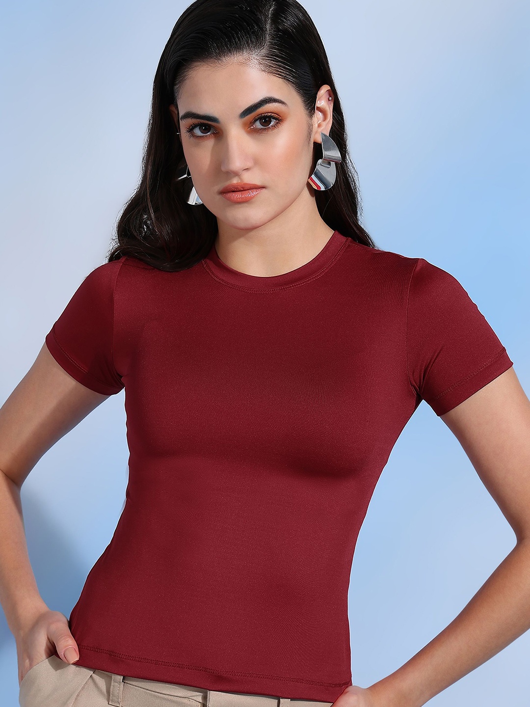 

DLOB Women Round Neck Short Sleeves Top, Red