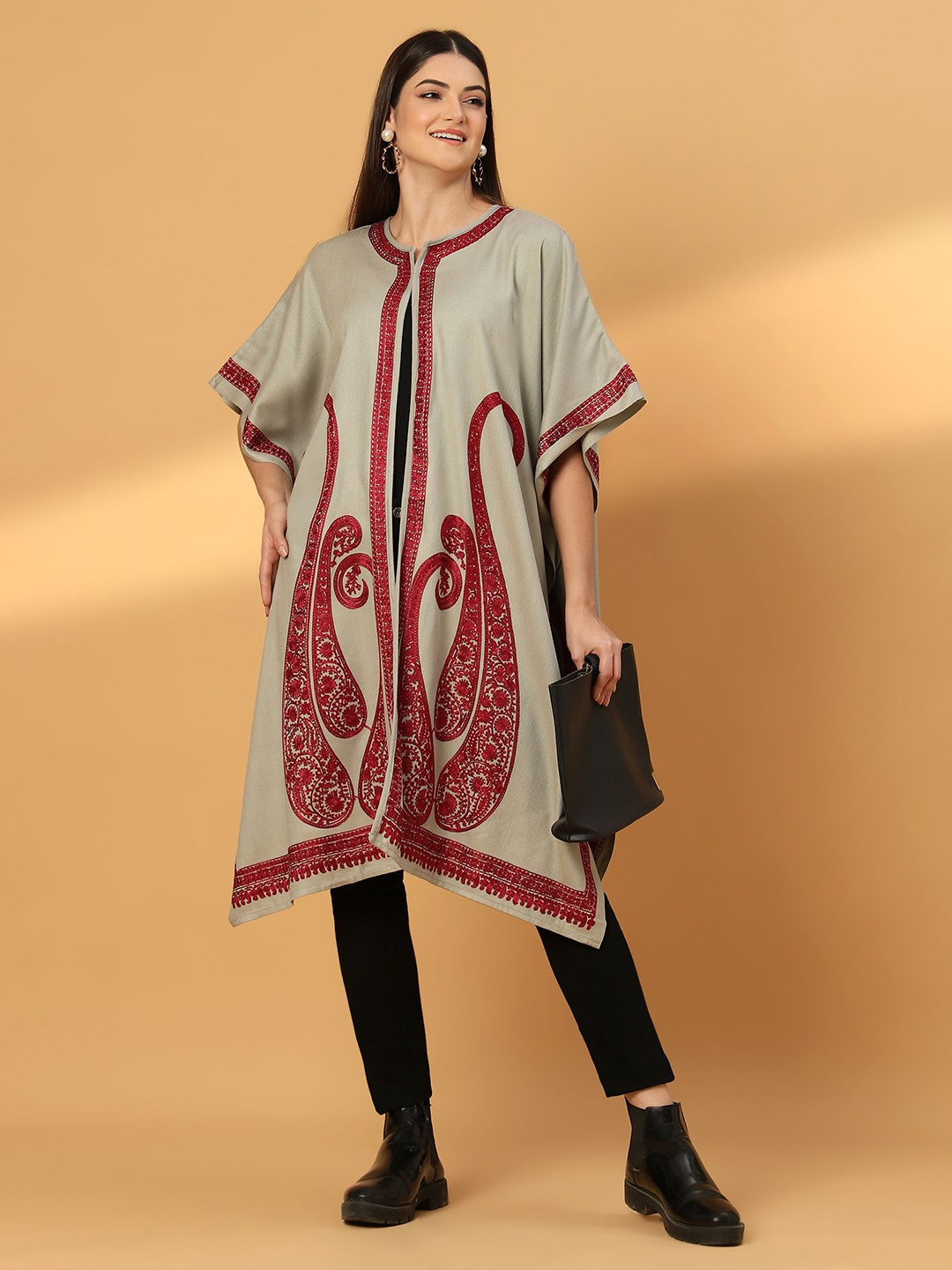 

Zamour Paisley Kashmiri Embroidered Open Front Pheran Shrug, Grey