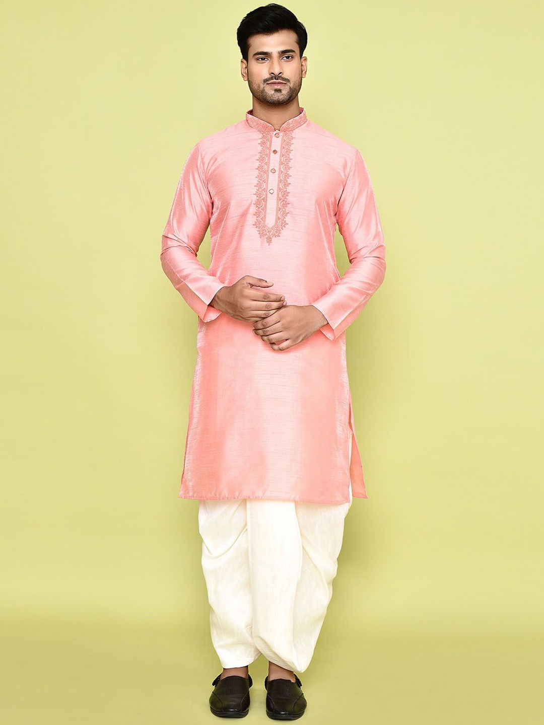 

Arihant Rai Sinha Mandarin Collar Long Sleeves Regular Thread Work Kurta With Dhoti Pant, Pink