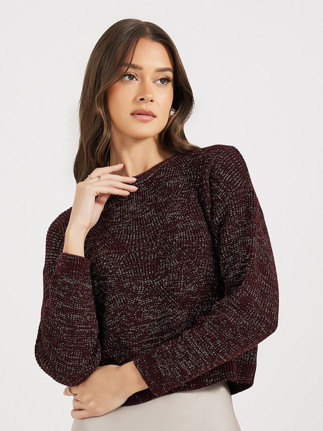 

Styli Women Boxy Fit Crop Length Sweater, Burgundy