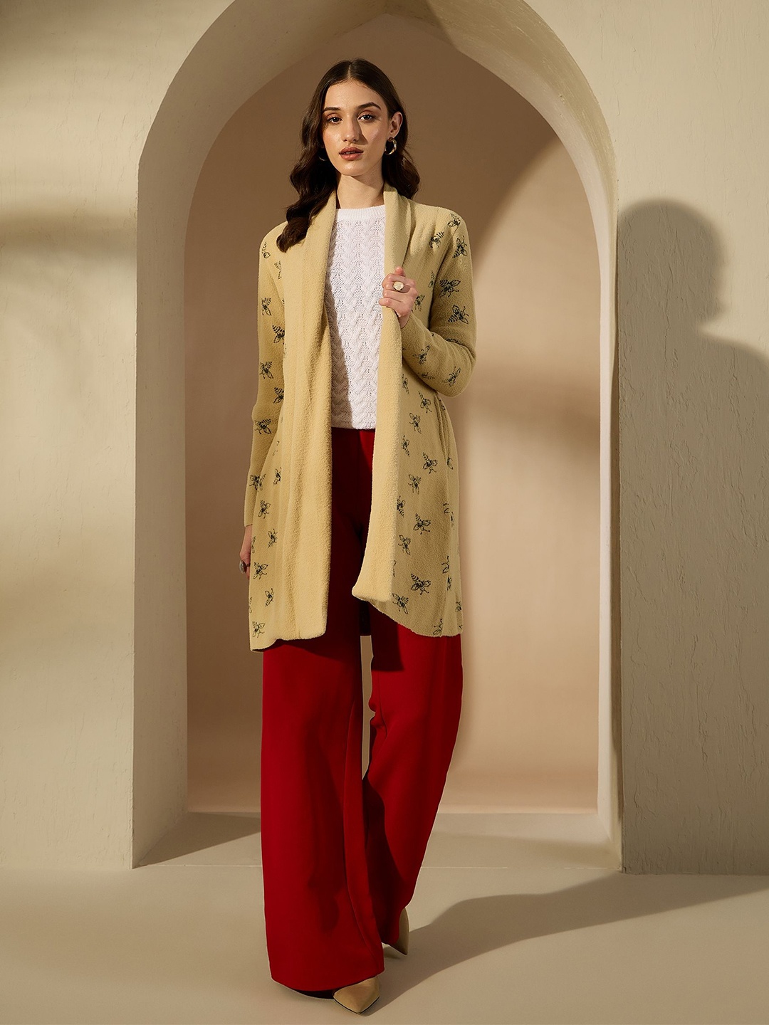 

CREATIVE LINE Self Design Woollen Longline Front Open Shrug, Beige