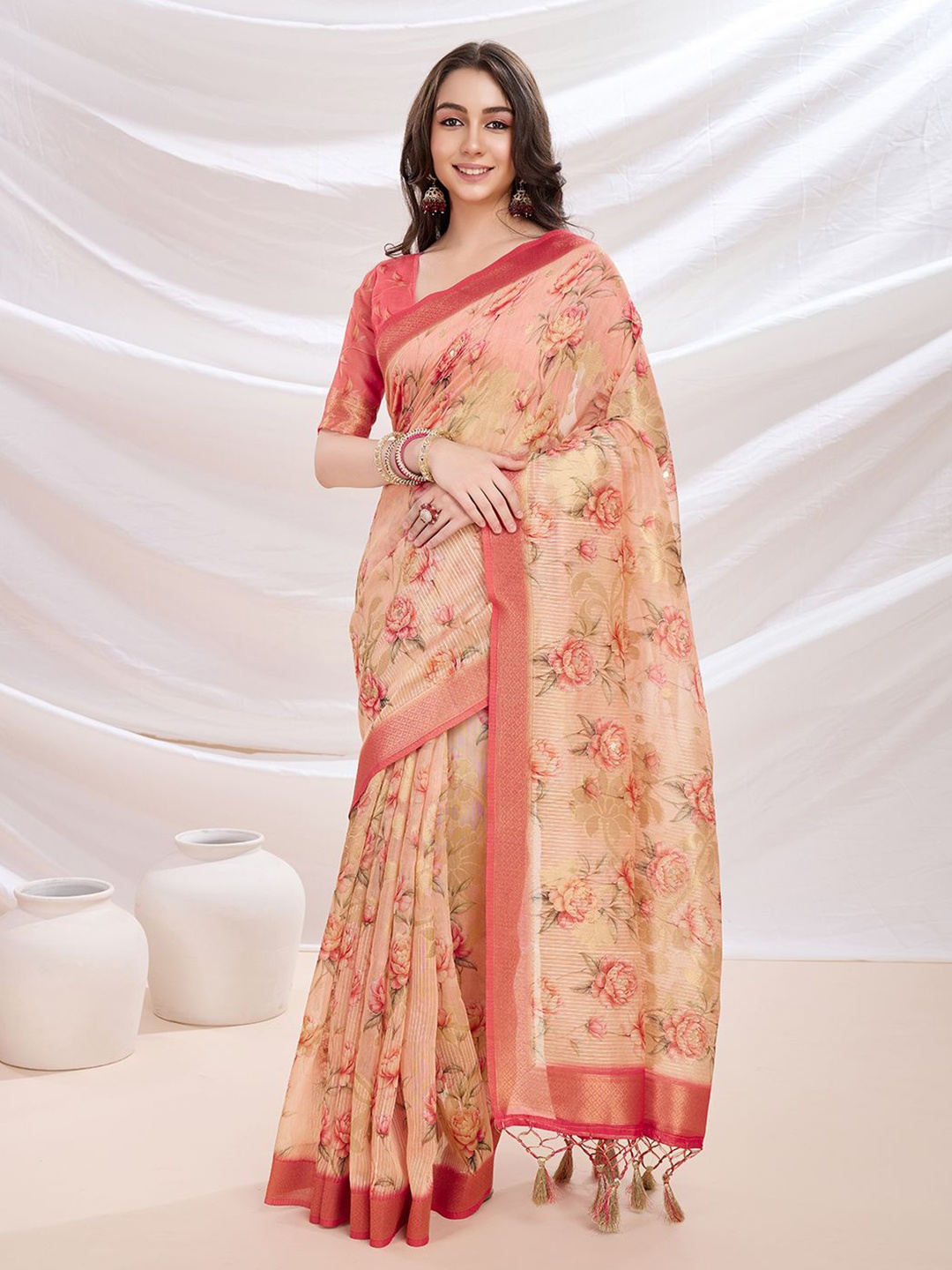 

Mitera Floral Printed Zari Bagh Saree, Pink