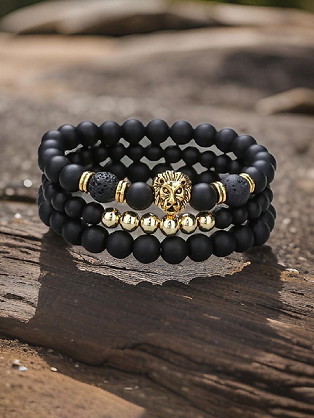 

Jewels Galaxy Men Set Of 3 Silver-Plated Beaded Elasticated Bracelets, Gold