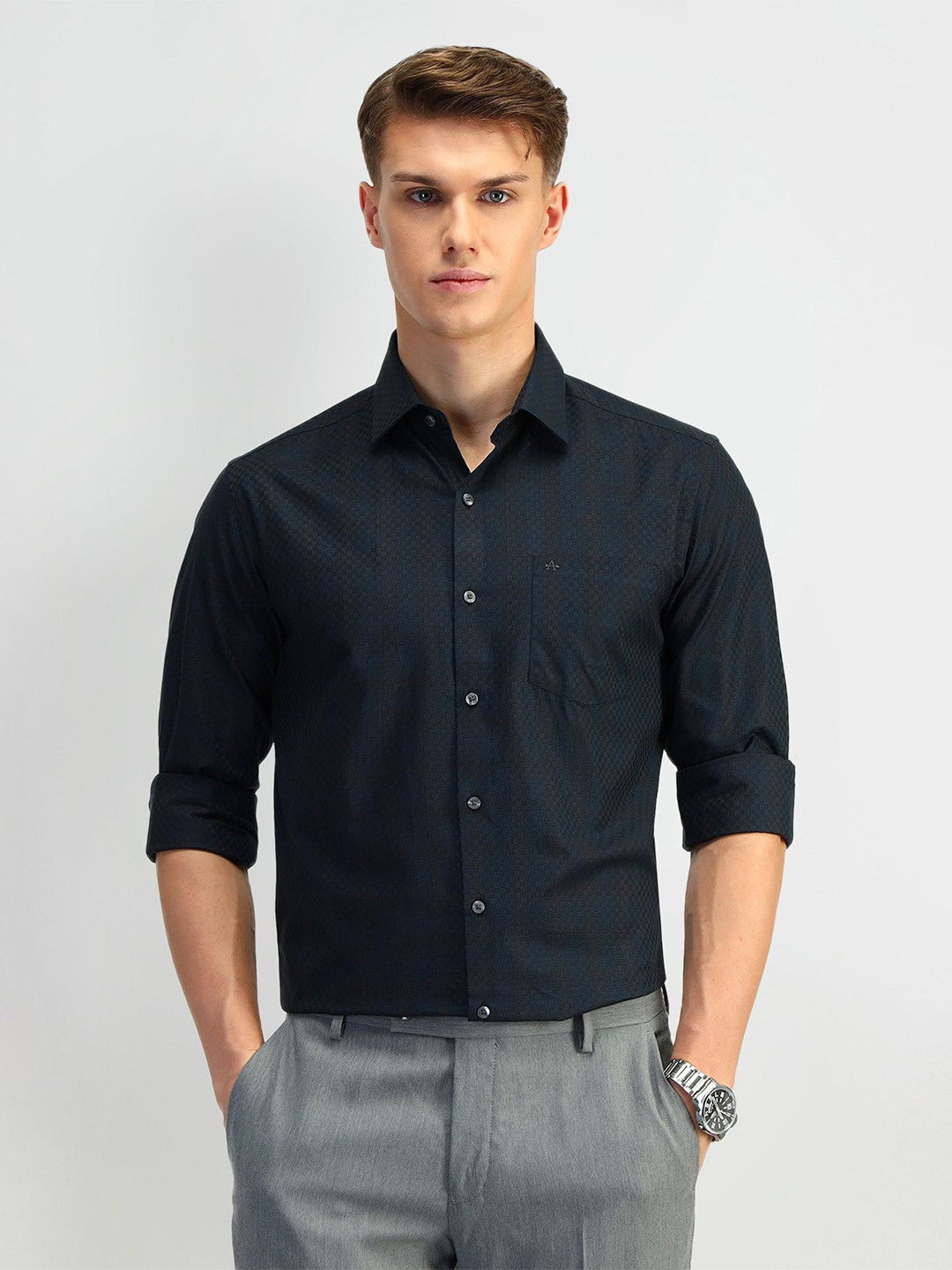 

Arrow Men Manhattan Spread Collar Micro Checked Cotton Slim Fit Formal Shirt, Teal