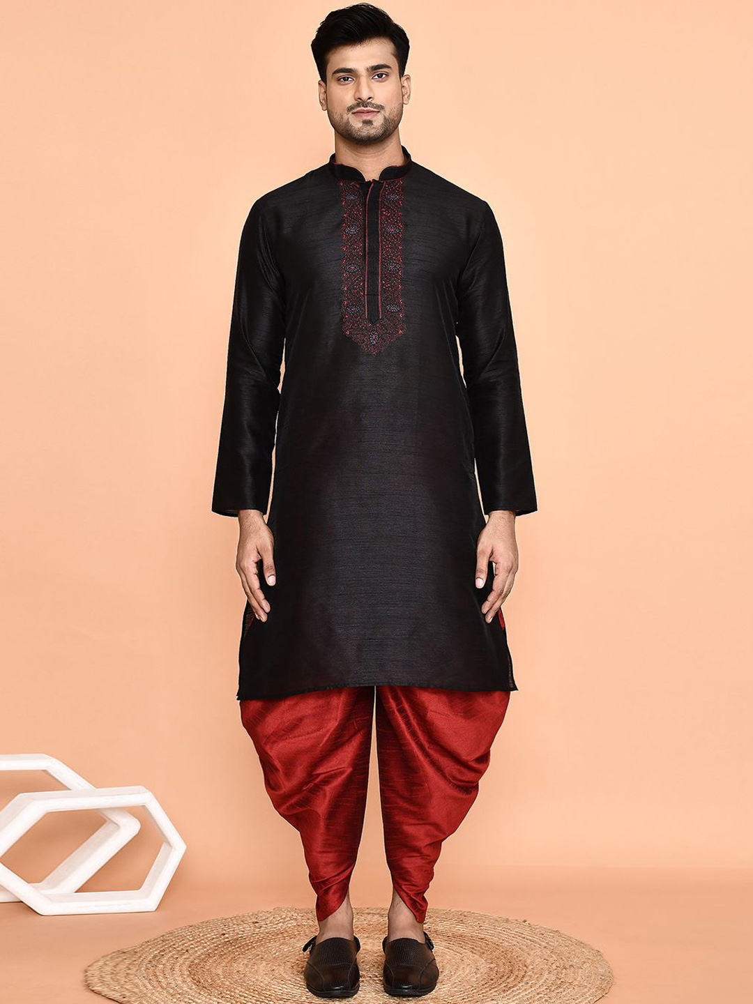 

Arihant Rai Sinha Mandarin Collar Regular Thread Work Dupion Silk Kurta With Patiala, Black