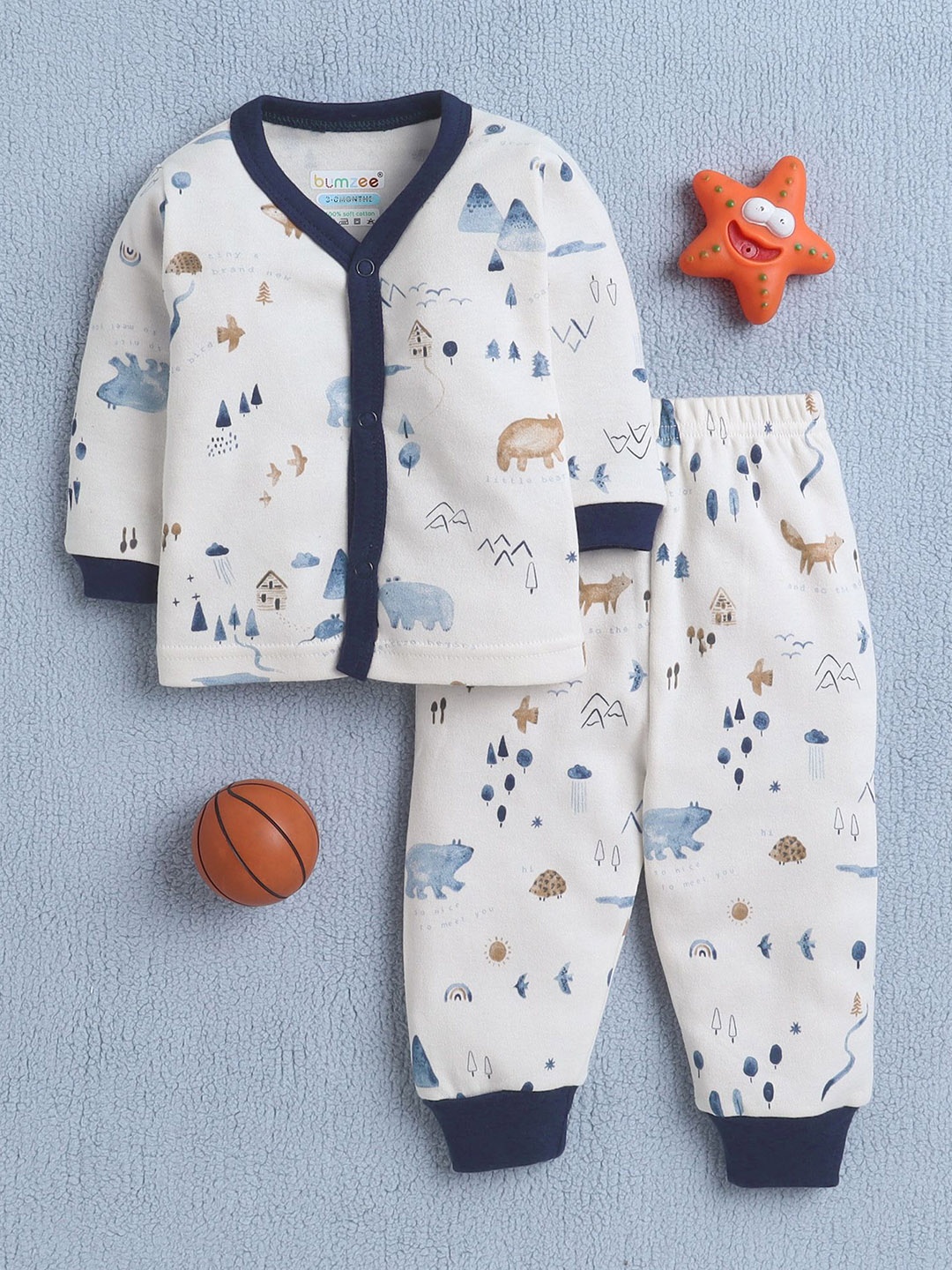 

BUMZEE Boys Graphic Printed Jabla & Pyjama Night Suit Set, Cream