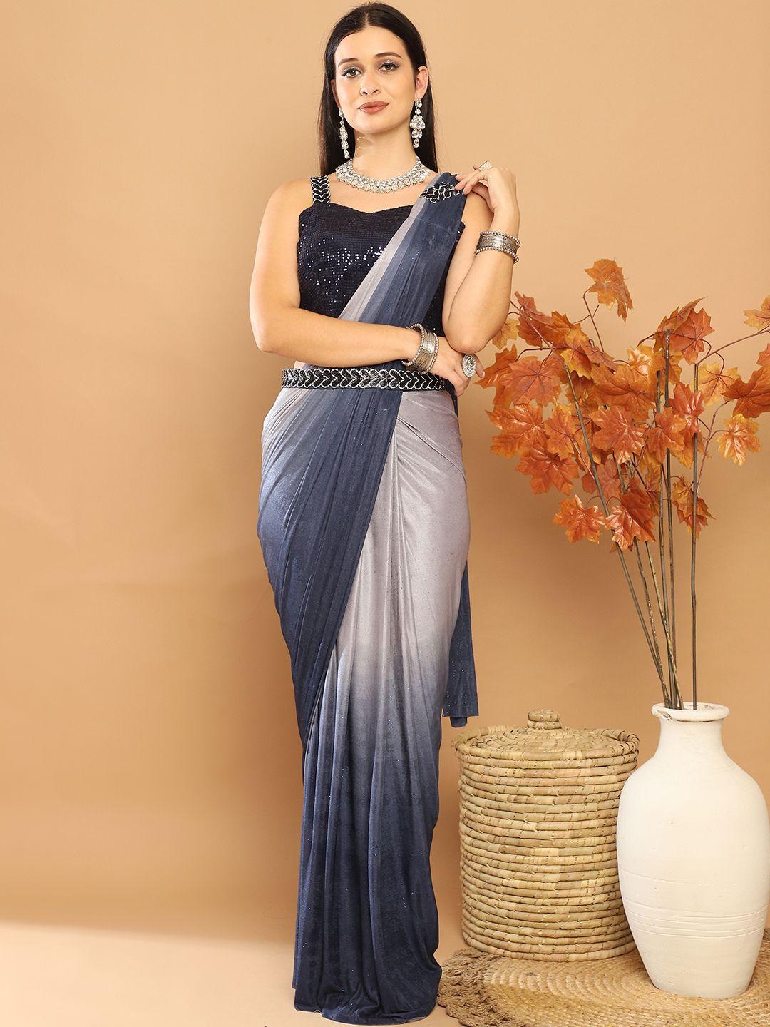 

Mitera Beads and Stones Ready to Wear Saree, Blue