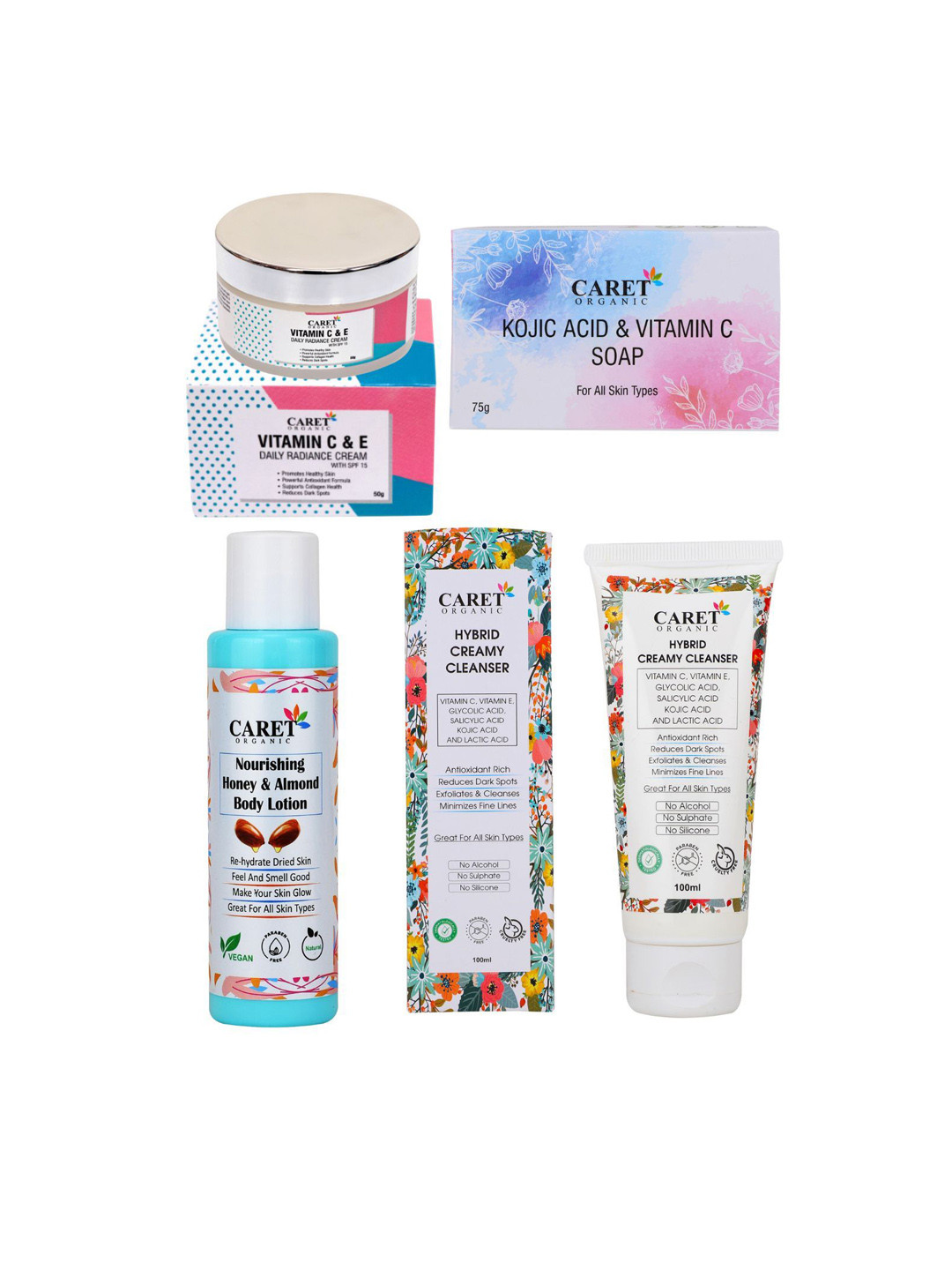 

CARET ORGANIC 4 Pcs Daily Cream-50g, Kojic Soap-75g, Cleanser & Body Lotion-100ml Each, White