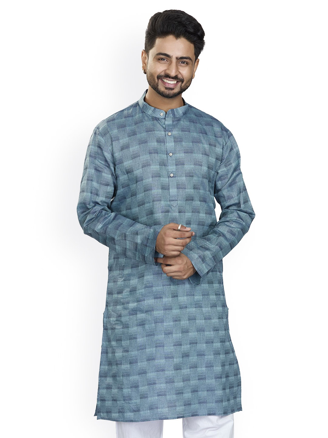 

Authentics Checked Band Collar Long Sleeves Regular Pure Cotton Straight Kurta, Blue