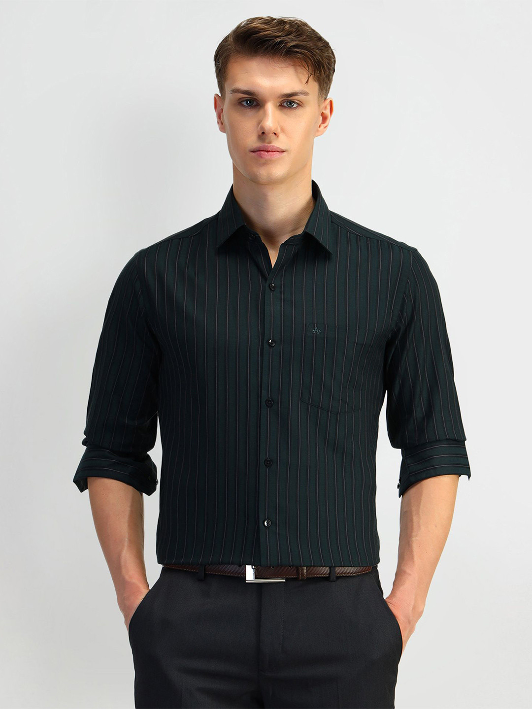 

Arrow Men Manhattan Spread Collar Vertical Striped Cotton Slim Fit Formal Shirt, Green