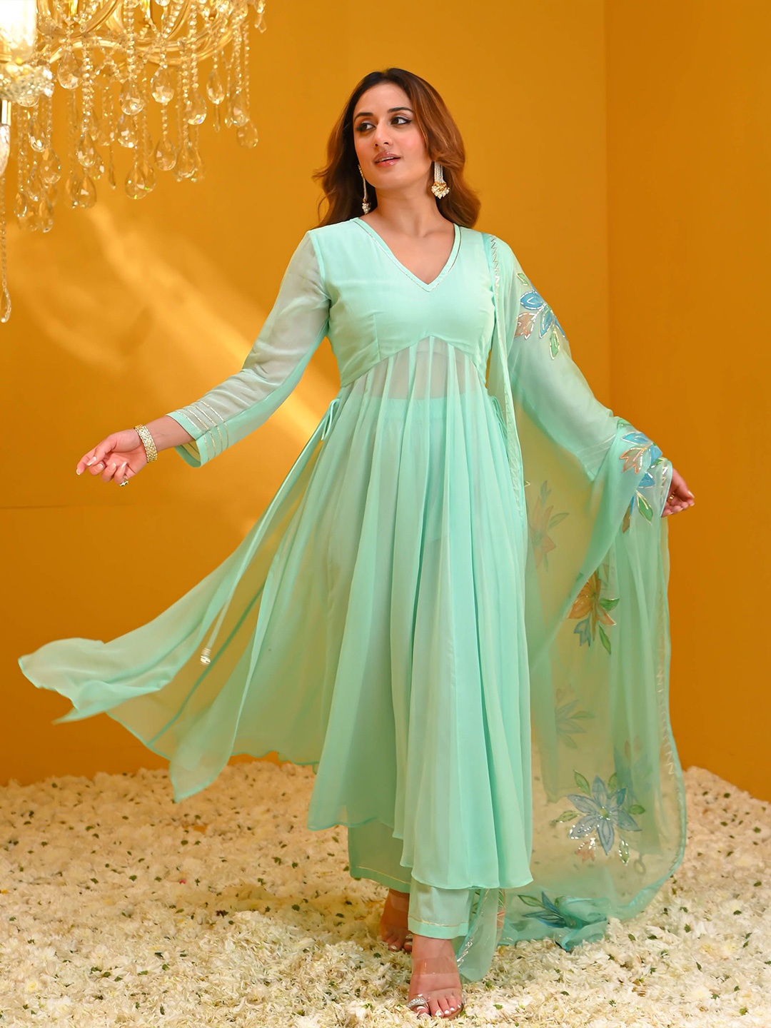 

Bunaai Gotta Patti Georgette Empire Anarkali Kurta With Trouser & Dupatta, Sea green