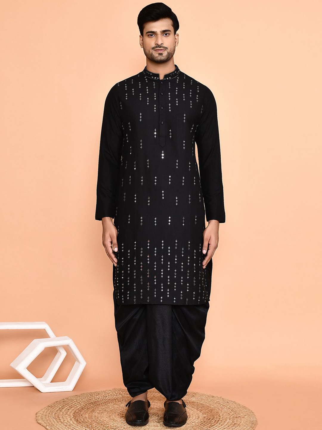 

Arihant Rai Sinha Mandarin Collar Regular Mirror Work Straight Kurta With Dhoti Pant, Black