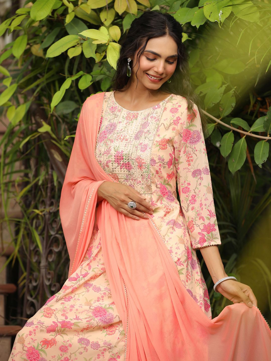 

Janasya Floral Printed Sequinned A Line Kurta with Palazzos & With Dupatta, Peach