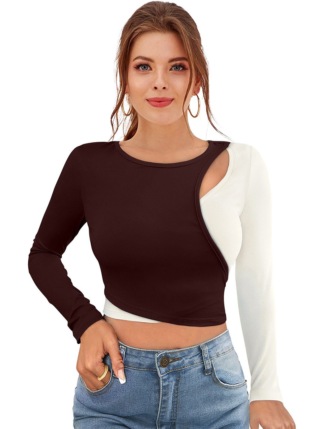 

Sitanjali Women Long Sleeves Round Neck Top, Brown