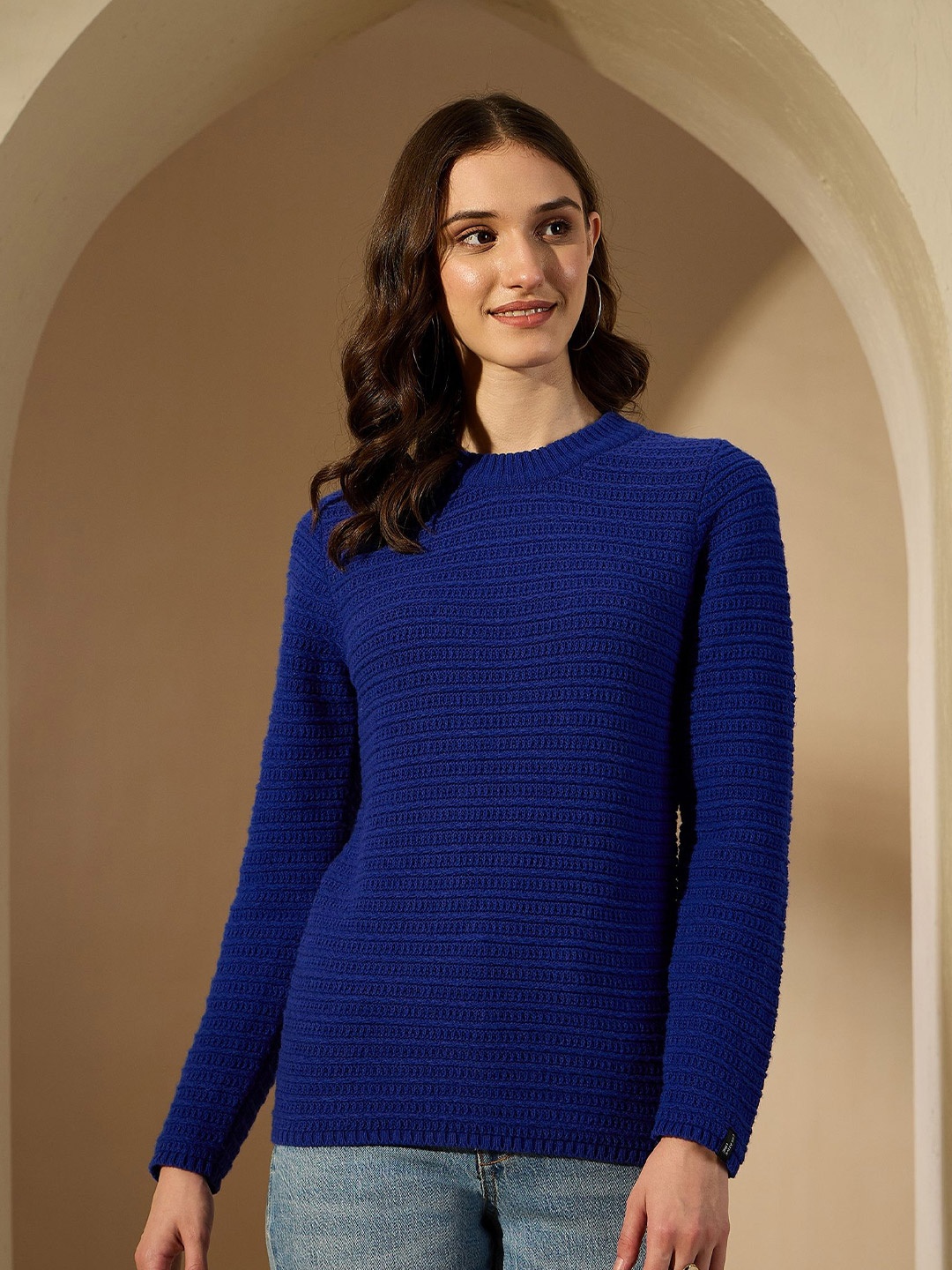 

CREATIVE LINE Women Woollen Self Desgin Knitted Top, Navy blue