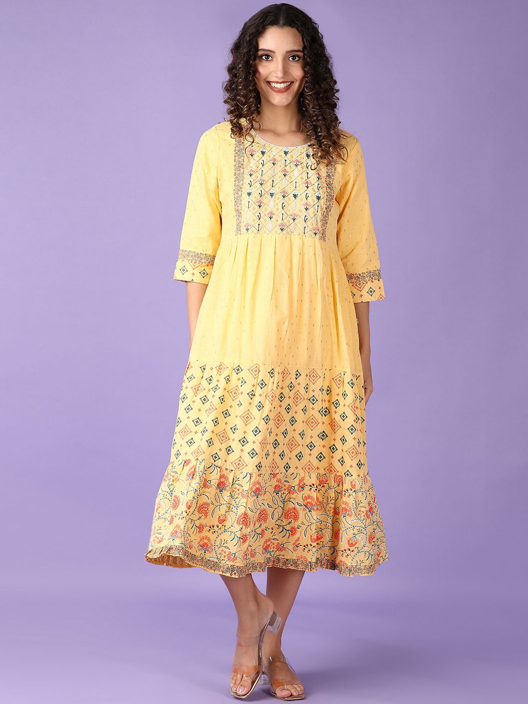 

V-Mart Women Ethnic Embroidered Cotton A-Line Midi Dress, Yellow
