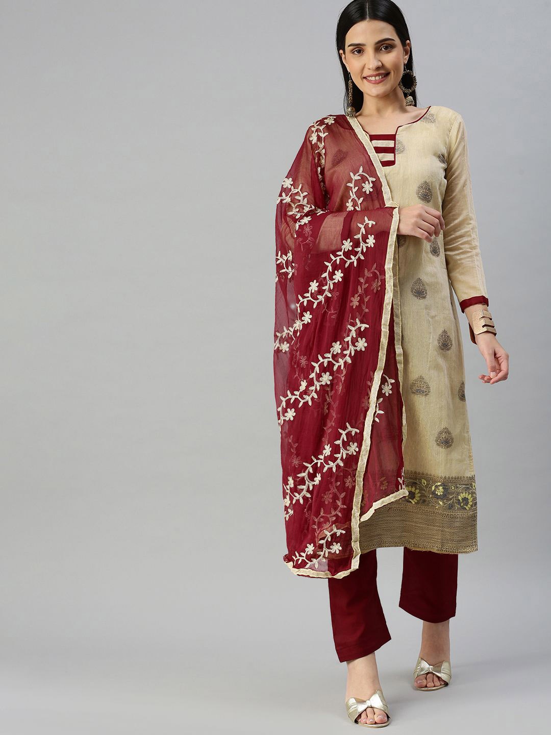 

Maroosh Woven Design Unstitched Dress Material, Beige