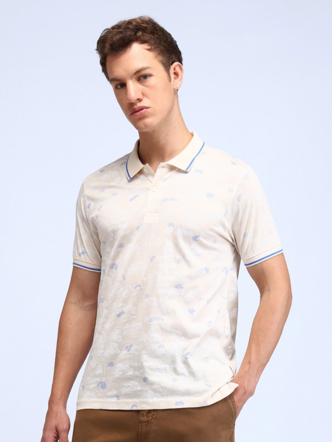 

Flying Machine Men Floral Printed Polo Collar Cotton T-shirt, Beige