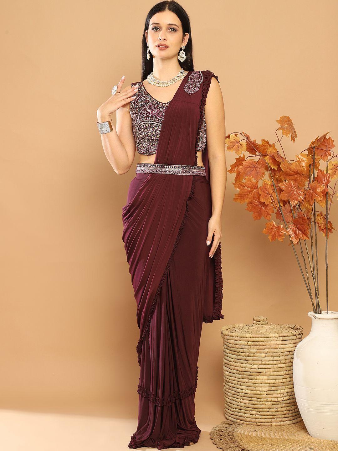 

Mitera Beads and Stones Ready to Wear Saree, Burgundy