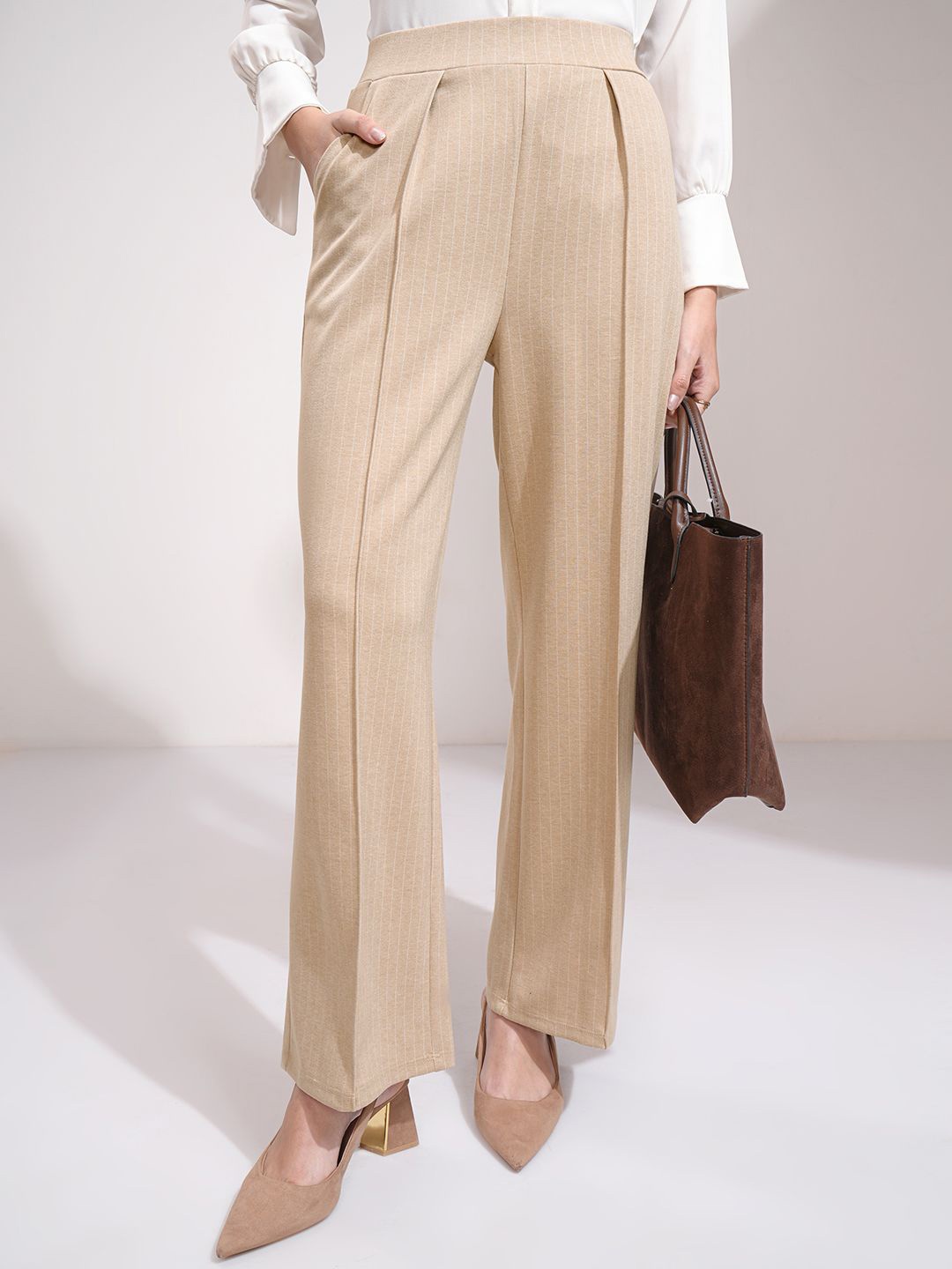 

CHIC BY TOKYO TALKIES Women Striped Straight Fit Pleated Trousers, Beige